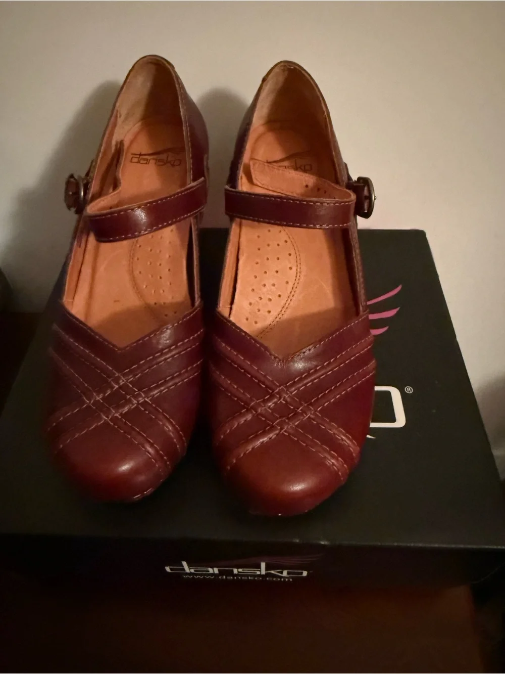 Dansko Burgundy Leather Mary Jane Clog Heels with Buckle